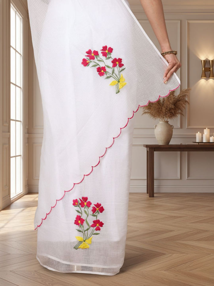 Natural White Pure Kota Doria Saree Embroidered