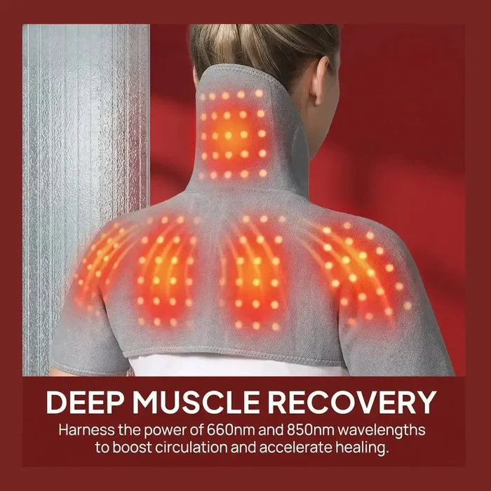 Person using a neck and shoulder heating pad for deep muscle recovery with LED lights.