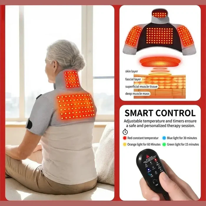 Neck and shoulder heating pad with adjustable temperature for targeted relief and smart control features.