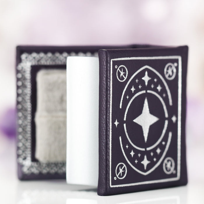 Night Court Handmade Leather Book Ring Box (Small) by Aquamarise, black leather with silver magical design, part of Handmade Book Ring Boxes and Ring Boxes & Keepsake Proposals collections.