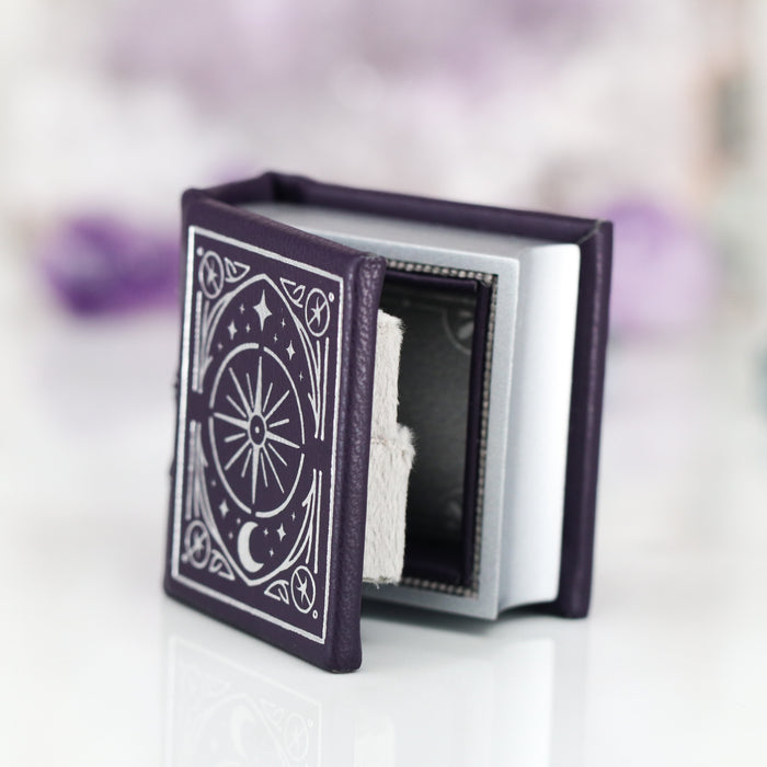 Night Court Handmade Leather Book Ring Box (Small) by Aquamarise, a dark purple handcrafted leather ring box with celestial design from the Ring Boxes & Keepsake Proposals collection.