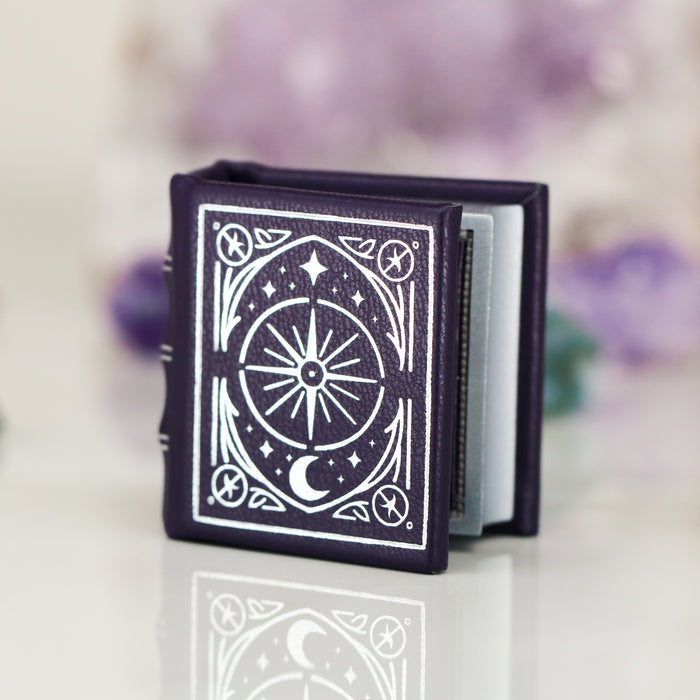 Night Court Handmade Leather Book Ring Box (Small) by Aquamarise, a handcrafted small purple leather box with celestial design, perfect for rings and meaningful keepsakes.