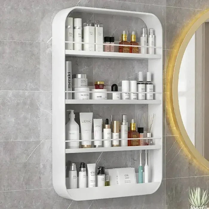 No-Drill Bathroom Organizer Shelf – Wall-Mounted Storage Rack with toiletries and essentials.