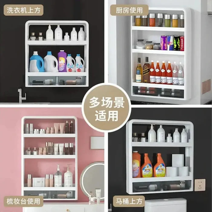 No-Drill Bathroom Organizer Shelf – Wall-Mounted Storage Rack displaying toiletries and cleaning supplies in various settings.