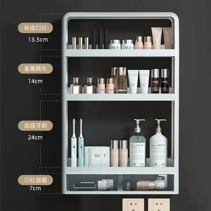 No-Drill Bathroom Organizer Shelf – Wall-Mounted Storage Rack displaying toiletries and bathroom essentials.
