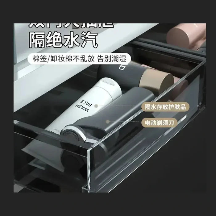 No-Drill Bathroom Organizer Shelf – Wall-Mounted Storage Rack with toiletries in a clear drawer, showcasing organization.