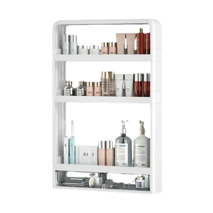 No-Drill Bathroom Organizer Shelf – Wall-Mounted Storage Rack with beauty products and toiletries organized.
