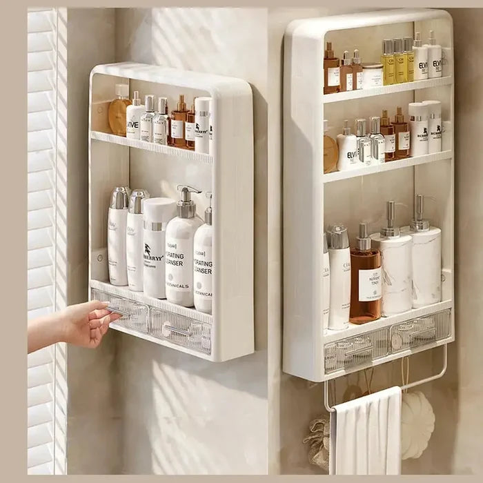 No-Drill Bathroom Organizer Shelf – Wall-Mounted Storage Rack with toiletries and towels