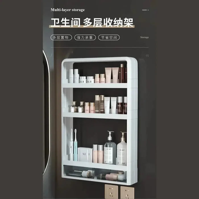 No-Drill Bathroom Organizer Shelf – Wall-Mounted Storage Rack showcasing multi-layered design with toiletries.