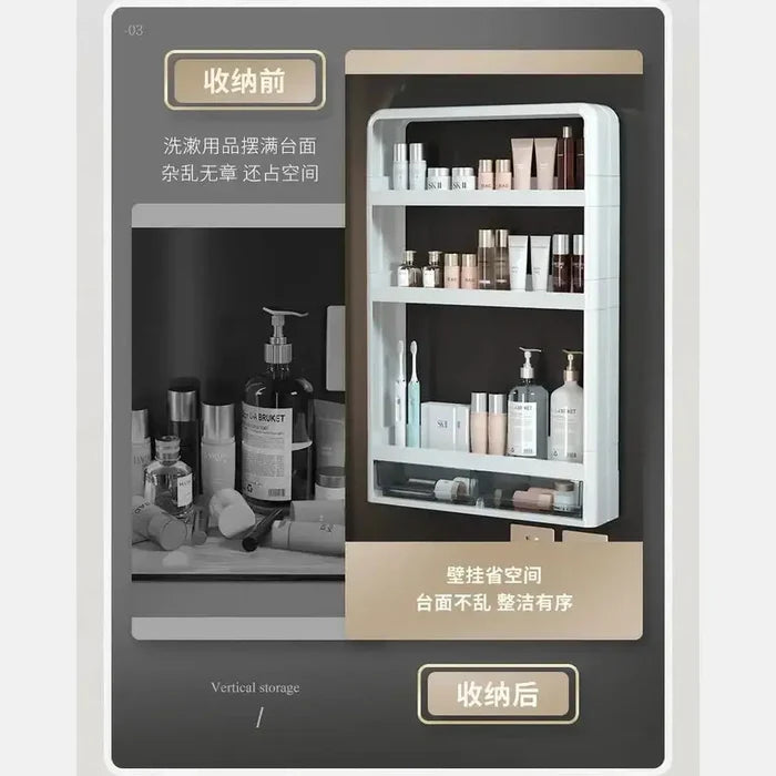 No-drill bathroom organizer shelf showcasing organized toiletries on a wall-mounted storage rack, ideal for clutter-free spaces.