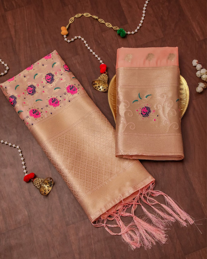 Indiehaat | Banarasi Lichi Silk Brocade Weaving Suit Peach