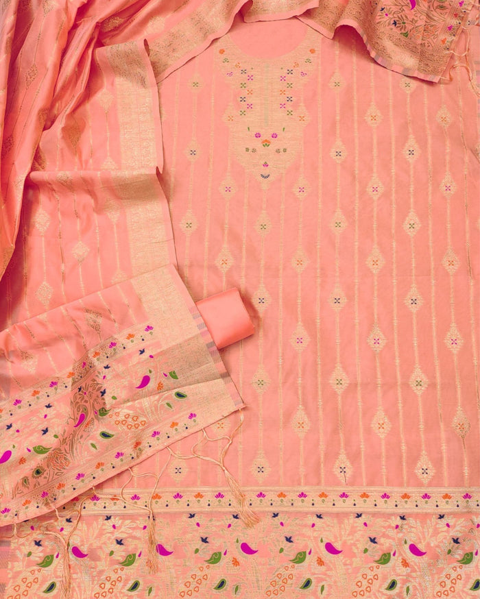 Indiehaat | Banarasi Cotton Thread Work Suit Peach