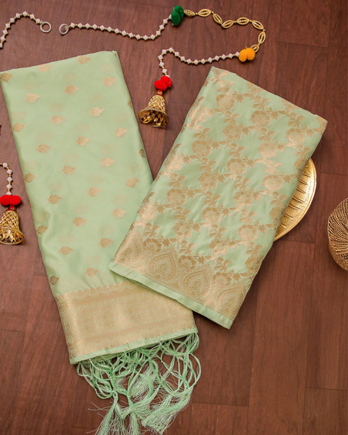Indiehaat | Banarasi Brocade Weaving Lichi Silk Suit Green