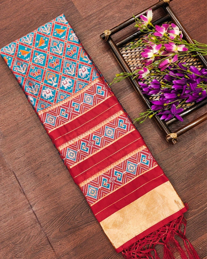 Indiehaat | Banarasi Lichi Silk Patola Dupatta Blue