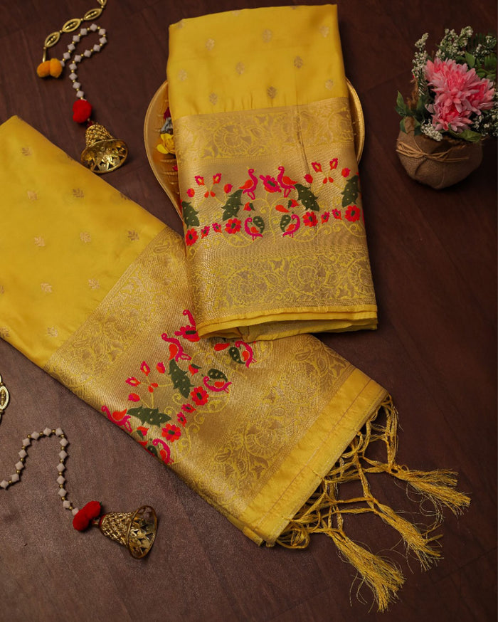 Indiehaat | Banarasi Lichi Silk Brocade Dupatta Yellow