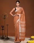 Indiehaat | Linen Hand Dyed Strped Pallu Saree Brown
