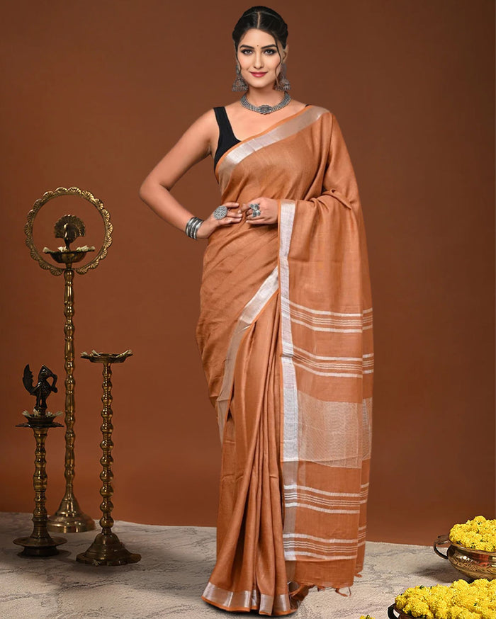Indiehaat | Linen Hand Dyed Strped Pallu Saree Brown