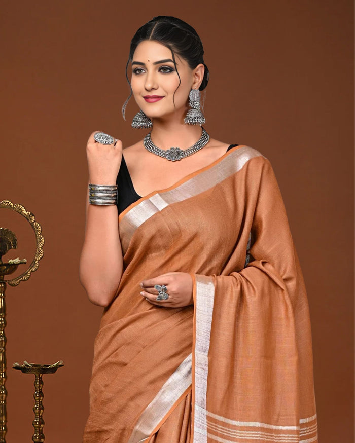 Indiehaat | Linen Hand Dyed Strped Pallu Saree Brown