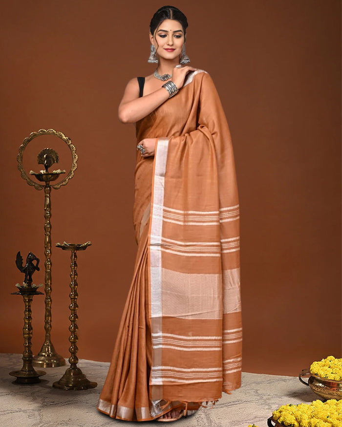 Indiehaat | Linen Hand Dyed Strped Pallu Saree Brown