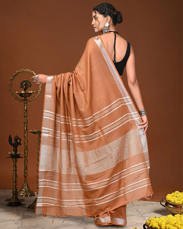 Indiehaat | Linen Hand Dyed Strped Pallu Saree Brown