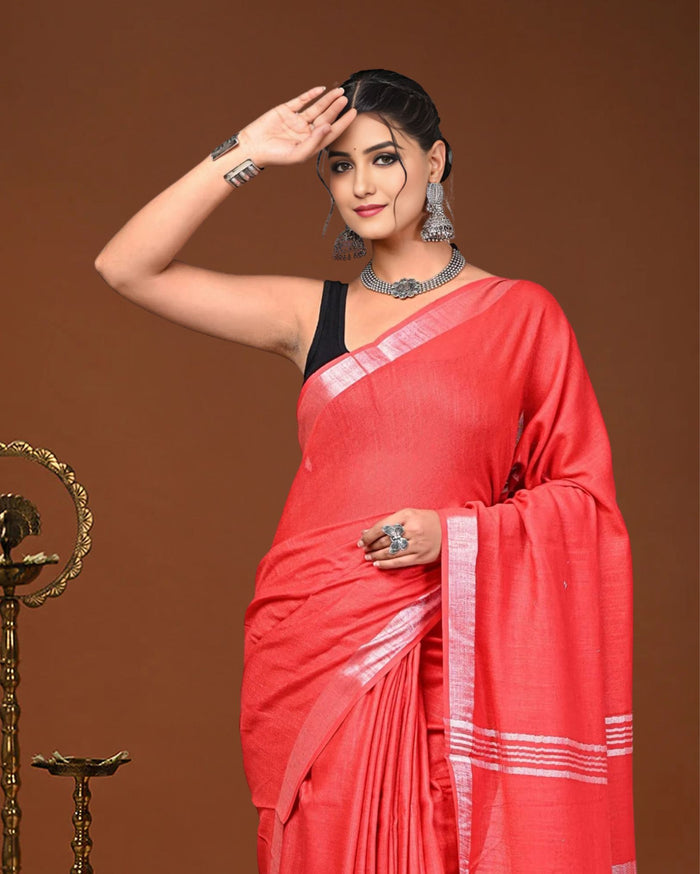Indiehaat | Linen Hand Dyed Strped Pallu Saree Red