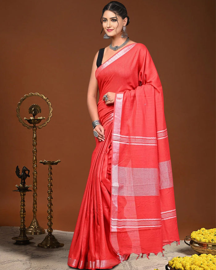 Indiehaat | Linen Hand Dyed Strped Pallu Saree Red