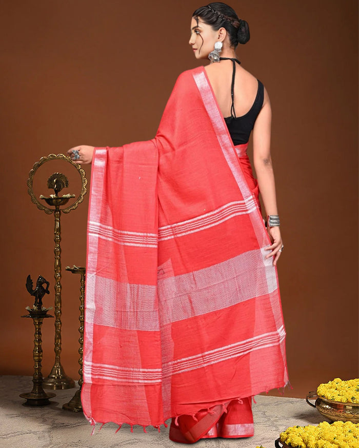 Indiehaat | Linen Hand Dyed Strped Pallu Saree Red