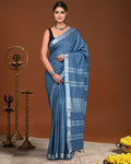 Indiehaat | Linen Hand Dyed Strped Pallu Saree Blue