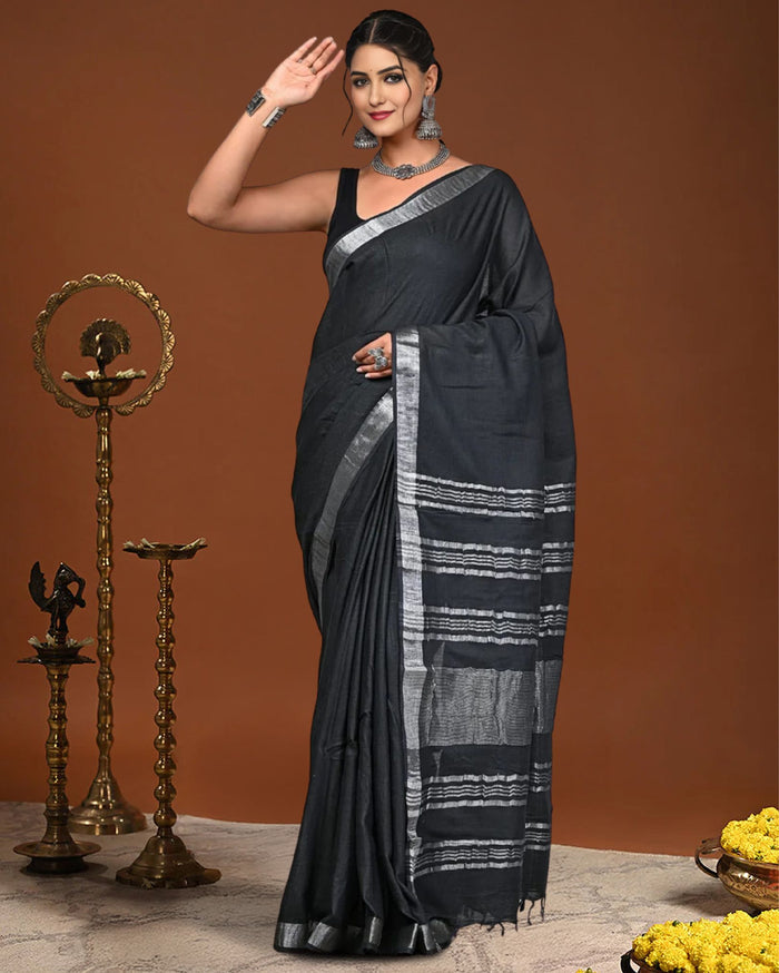 Indiehaat | Linen Hand Dyed Strped Pallu Saree Black