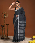 Indiehaat | Linen Hand Dyed Strped Pallu Saree Black