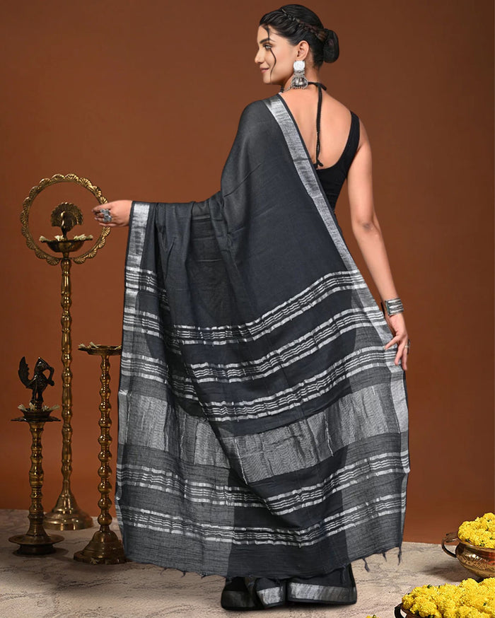 Indiehaat | Linen Hand Dyed Strped Pallu Saree Black