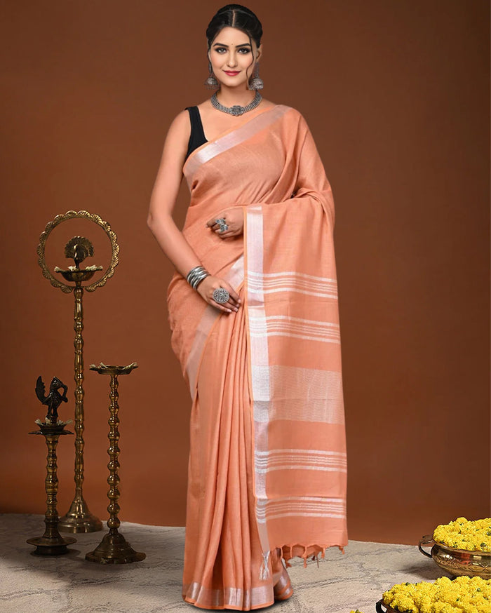 Indiehaat | Linen Hand Dyed Strped Pallu Saree Peach