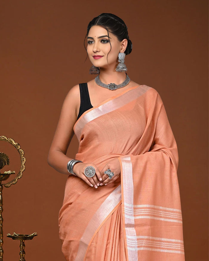 Indiehaat | Linen Hand Dyed Strped Pallu Saree Peach