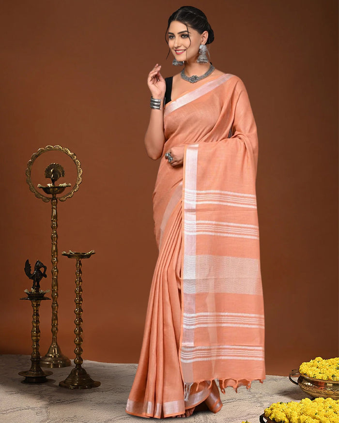 Indiehaat | Linen Hand Dyed Strped Pallu Saree Peach
