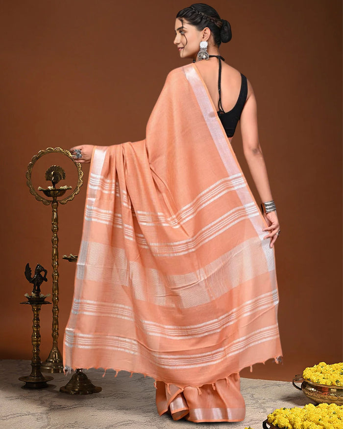 Indiehaat | Linen Hand Dyed Strped Pallu Saree Peach