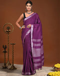 Indiehaat | Linen Hand Dyed Strped Pallu Saree Purple