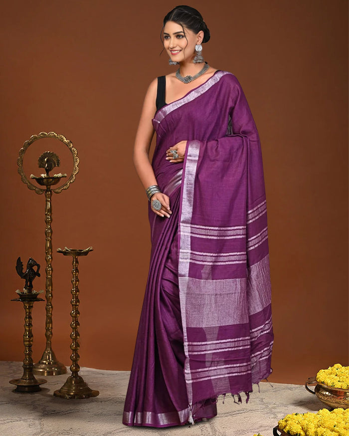 Indiehaat | Linen Hand Dyed Strped Pallu Saree Purple
