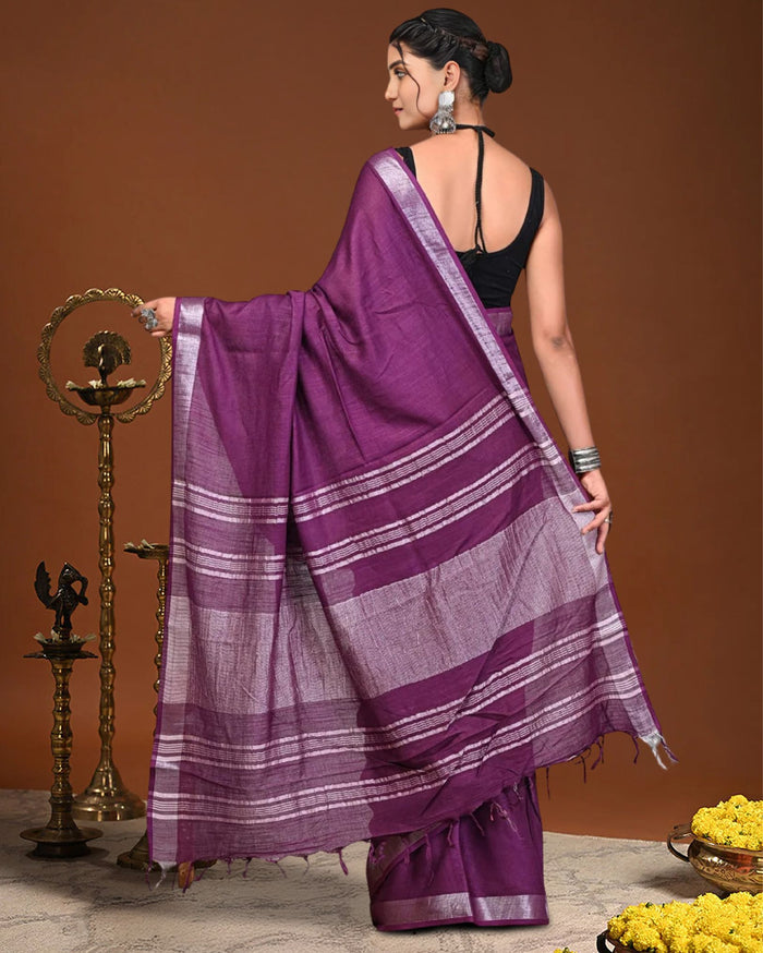 Indiehaat | Linen Hand Dyed Strped Pallu Saree Purple