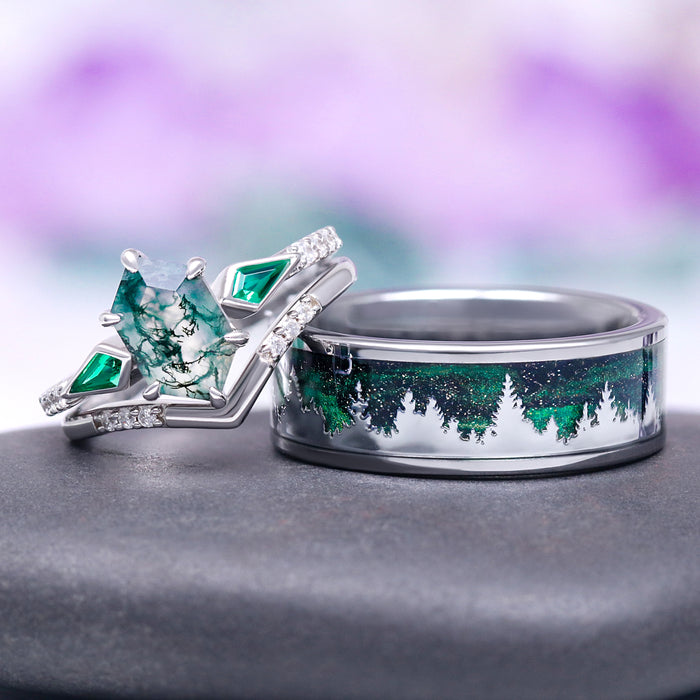 Northern Lights Pines couples ring set by Aquamarise with a hexagonal moss agate engagement ring and a green goldstone and blue sandstone tungsten band