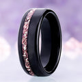 Off-set crushed morganite men's wedding band in polished black tungsten, 8mm dome with a lab-created pink inlay channel