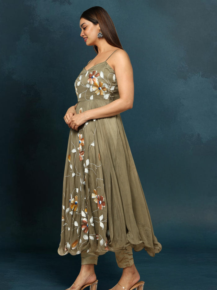 Indiehaat Organza Bottle Green Suit Hand Painted Three Quarter Length Sleeve