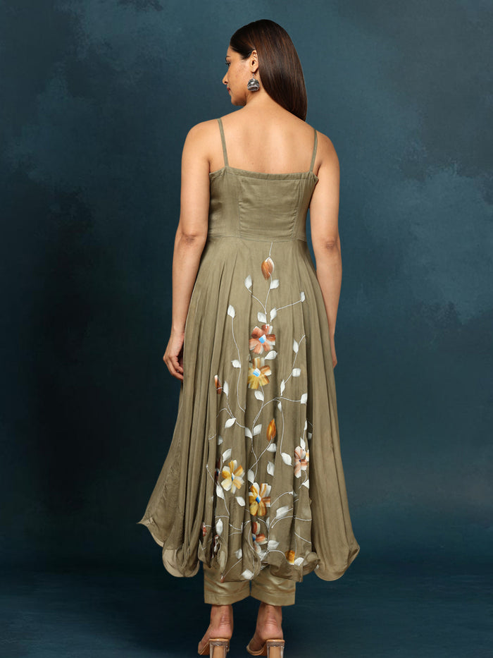 Indiehaat Organza Bottle Green Suit Hand Painted Three Quarter Length Sleeve