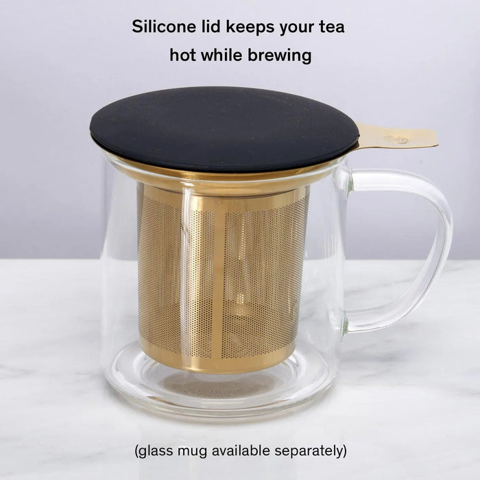 One cup tea infuser with silicone lid for brewing loose tea conveniently.