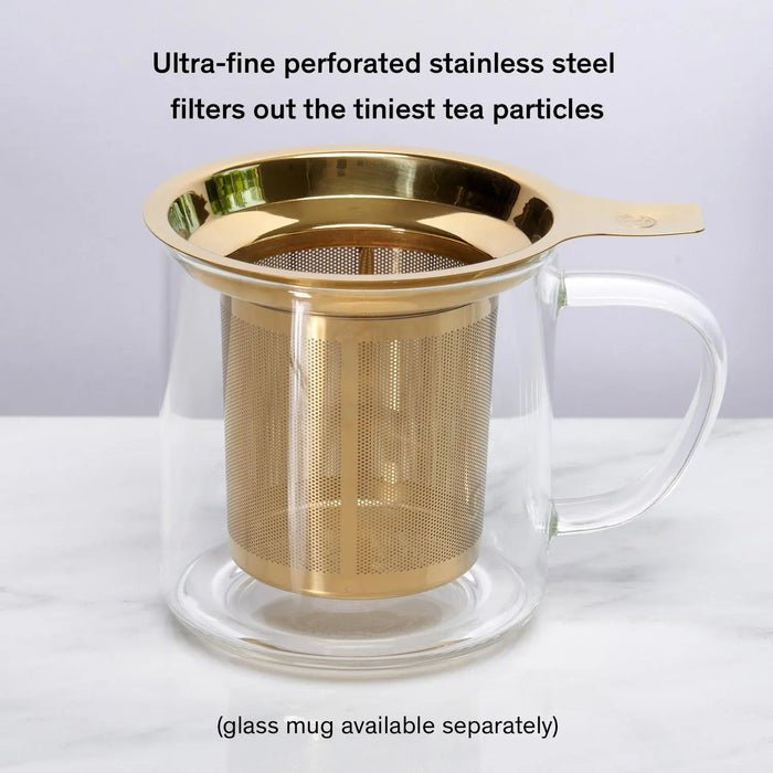 One cup tea infuser with ultra-fine stainless steel filter for brewing loose tea effortlessly.