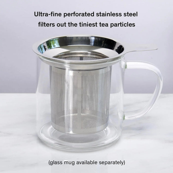 One cup tea infuser with ultra-fine stainless steel for brewing loose tea effortlessly.
