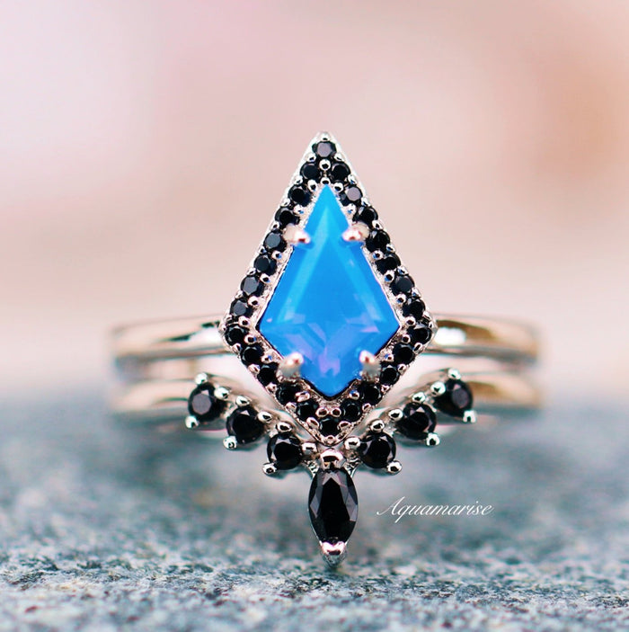 Opalescent Blue Sapphire & Black Onyx Ring Set- Sterling Silver featuring a kite-shaped blue sapphire surrounded by black onyx stones in a delicate silver setting by Aquamarise.