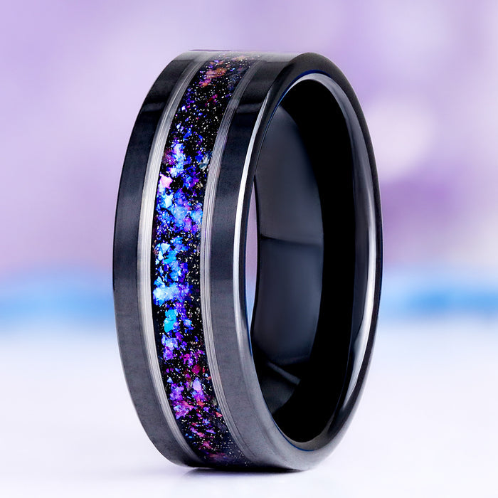 Orion Nebula men's wedding band — purple and blue fire opal inlay in 8mm black tungsten carbide