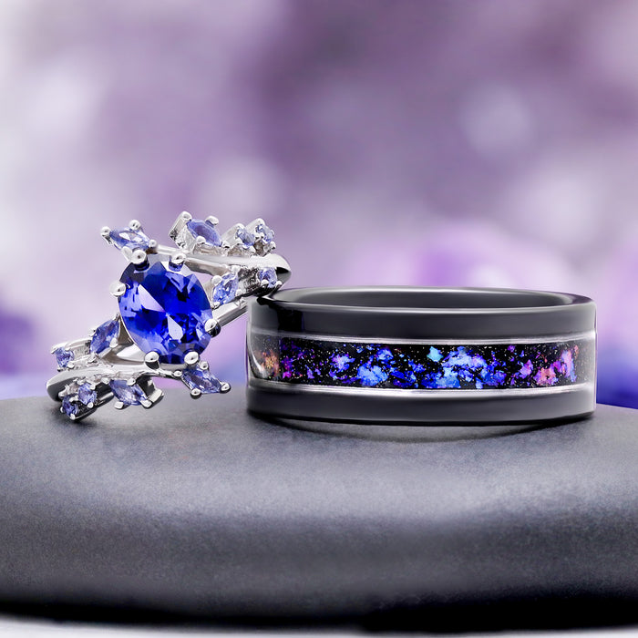 Orion Nebula and cornflower sapphire leaf couples ring set in silver and black