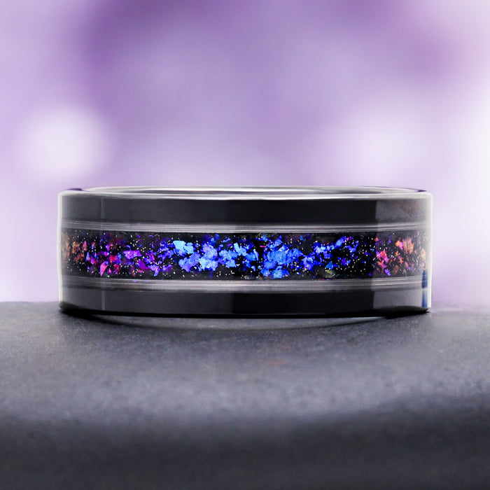 Orion Nebula opal band on slate, showing the violet and blue flashes across the inlay