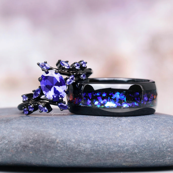 Orion Nebula™ Wedding Band- 8MM Black Tungsten by Aquamarise featuring a polished black tungsten band with vivid blue and purple crushed stone inlay for a cosmic-inspired men’s wedding ring.